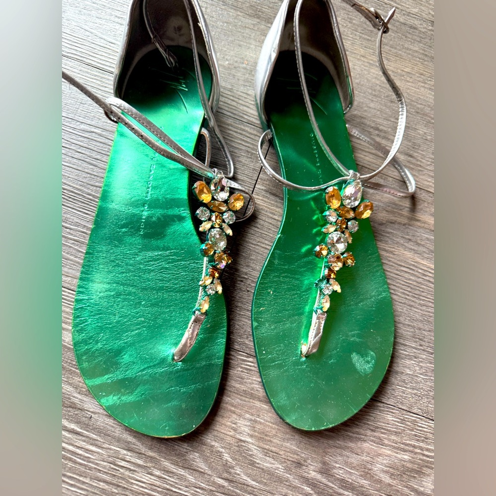 Giuseppe Zanotti Green and Silver Sandals with Starfish Embellishment